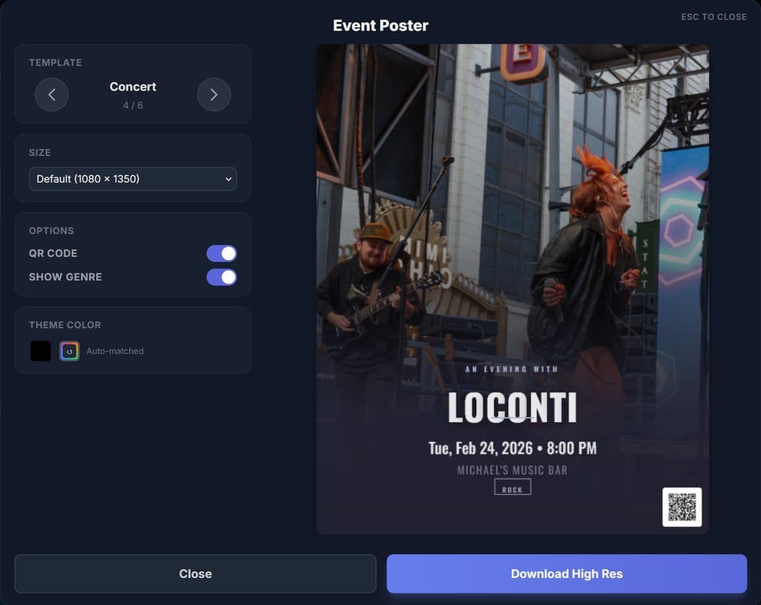 OnTonite event poster generator with template picker, QR code toggle, and live poster preview