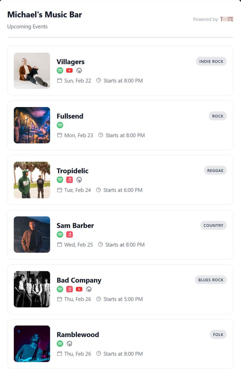 Upcoming events widget showing artist photos, genres, dates, and streaming links